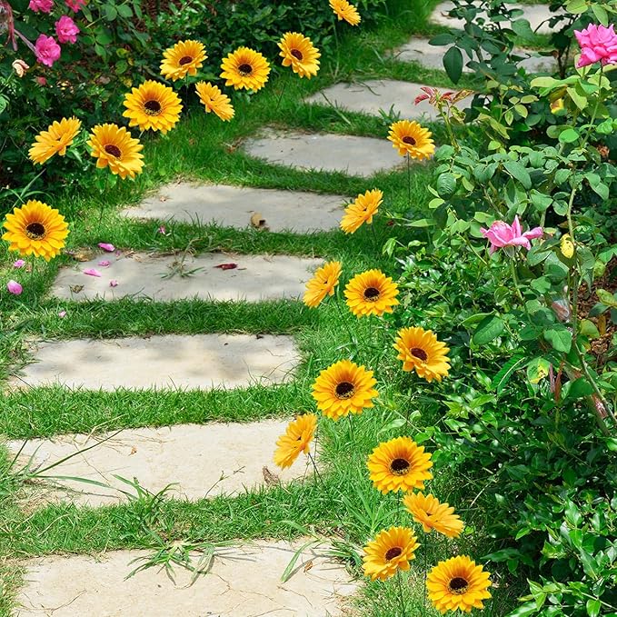 Garden Stakes Decor,10Pcs Garden Stakes Decorative Outdoor Lawn Pathway Patio Plant Pot Art Stick Yard Art Decorations for Pot Lawn Patio Corridor Flower Bed Outdoor Plant (Sunflower 5PCS)
