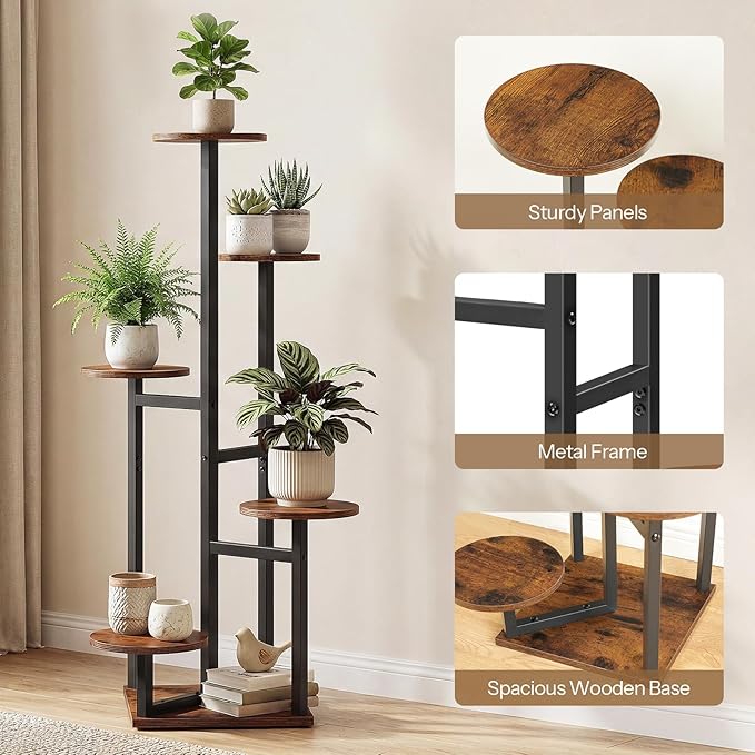HOOBRO 5-Tier Corner Plant Stand Indoor, Round Vertical Plant Shelf for Small Spaces, Space Saving Flower Rack for Living Room, Balcony & Patio, Rustic Brown and Black BF05HJ01