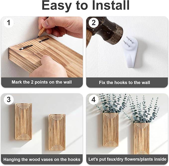 Wooden Wall Planter Vase, 2 Pack Black Wood Hanging Vases with Fake Eucalyptus for Indoor Modern Boho Farmhouse Wall Art Decor for Home Indoor Kitchen Modern Farmhouse Bathroom