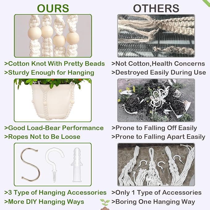 petonfun Macrame Plant Hanger Indoor,Hanging Planters for Indoor Plants with 8 Hooks,Outdoor Hanging Plant Holder Crochet for Window,Ceiling Boho Home Decor Basket Pot,White 4 Pack,Ivory