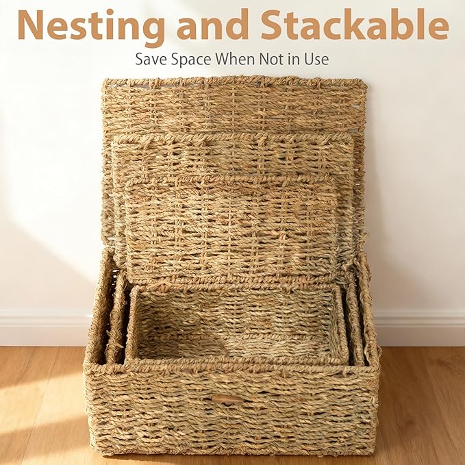 Handwoven Wicker Baskets Decorative Storage Boxes with Lids Set of 3, Natural Seagrass, Nesting Organizer Boxes for Closet, Shelf, Home Decor