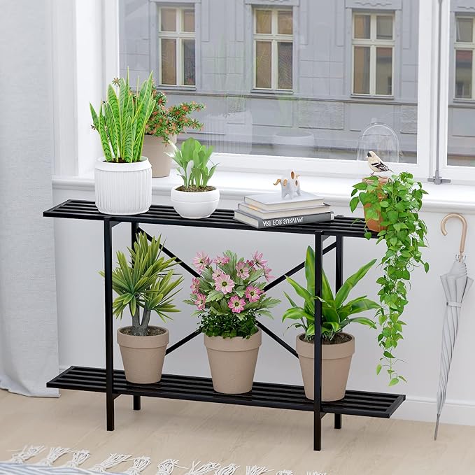 Zhongma 2 Tier Window Height Metal Sturdy Heavy Plant Stand, Narrow Plant Stand Indoor and Outdoor, L45.67 x W10.3 x H27.5 inch, 440 LBS Capacity & Heavy Duty Construction. …