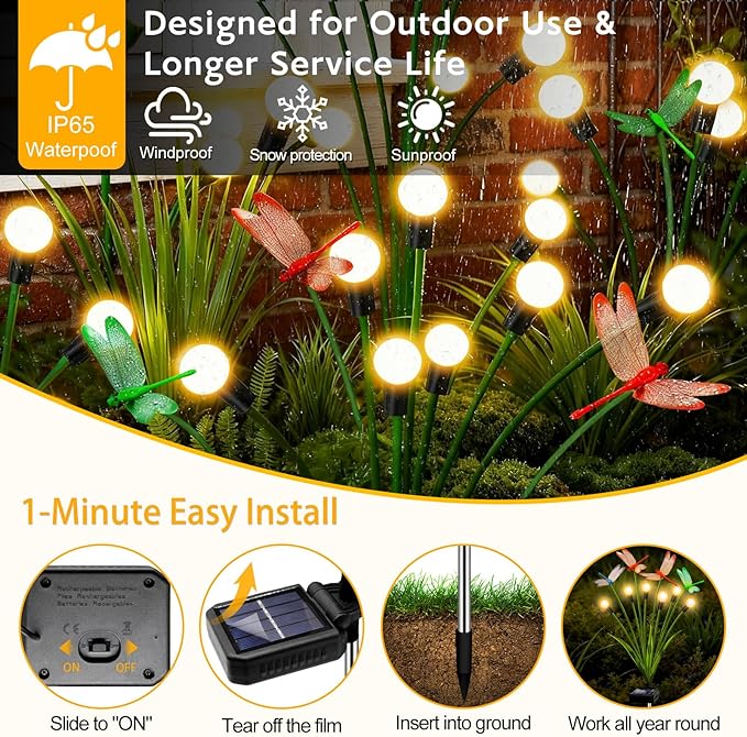 4 Pack Dragonfly Decorative Garden Stakes, 16Pcs 3D Dragonfly Decorations with Solar Firefly Lights Realistic Waterproof Dragonflies Solar Lights Outdoor for Yard Art Patio Plant Pot Flower Bed Lawn