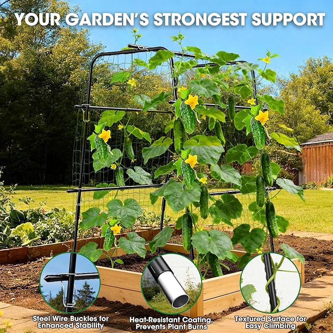 Cucumber Trellis for Raised Bed and Garden, 47" H x 31" W U-Shaped Metal Garden Trellis for Climbing Plants with Nylon Netting, Vegetable Support Frame