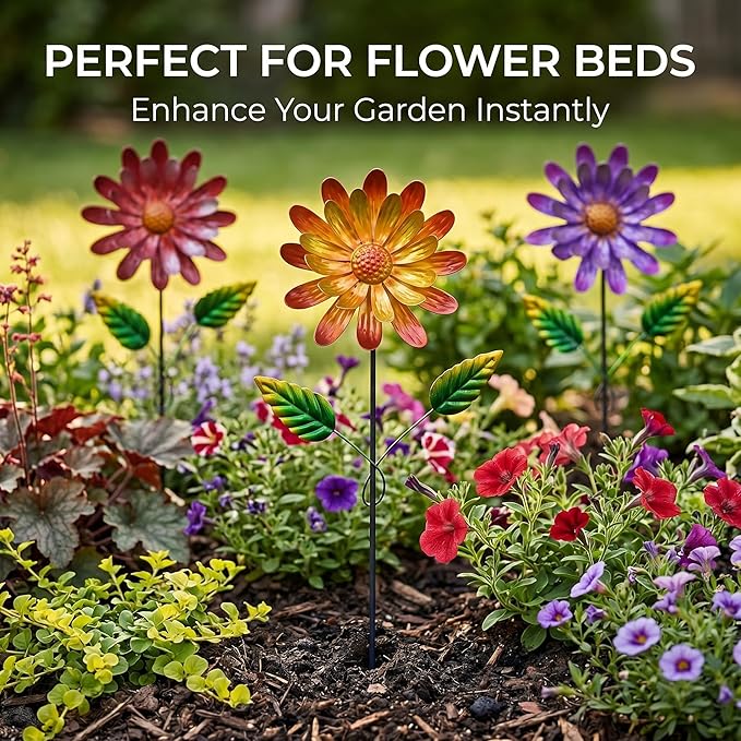 Garden Stakes Decorative, Metal Flowers for Outside, Glow in Dark Yard Lawn Ornaments Plant Pot Flower Bed Decor, Patio, Set of 3, Purple Yellow Red