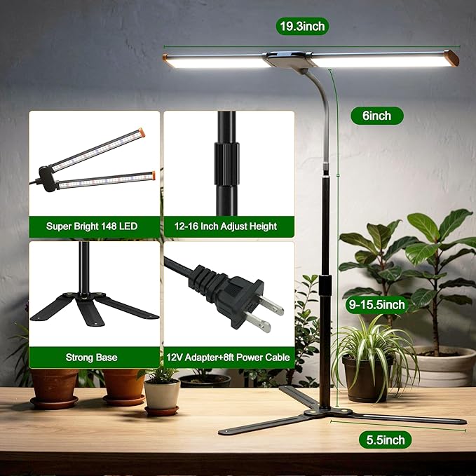 Grow Light for Indoor Plants,6000K White Sun Spectrum Growing Light Lamp with Red Blue LED for Pot Succulents Seeds, Light Strip Foldable & Height Extendable 9-25'', Auto Timer 4 8 12Hrs