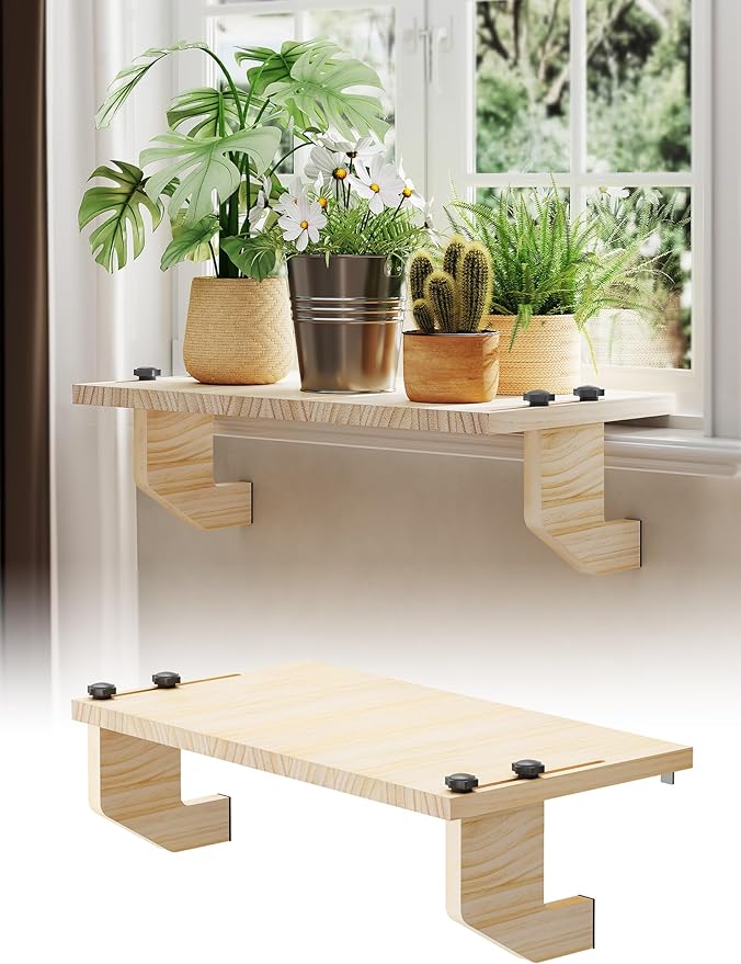 NiHome Wooden Window Sill Extender for Plants, No Drill Window Ledge Extender & Plant Shelf, Easy Installation Renter Friendly 21.2" x 11.8" Sill Extender
