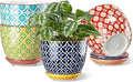 Metahom Ceramic Plant Pots, 4.9 Inch Flower Pots with Drainage Hole & Saucer, Colorful Planter Pots for Houseplants, Succulent, Catus, Home Decor, Set of 4, Vibrant Colors