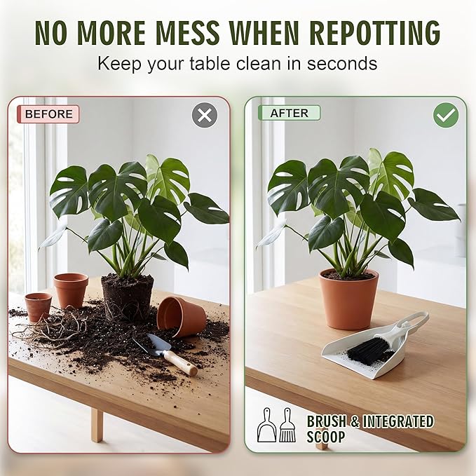 Enhon Soil Scoop with Brush for Indoor Plants, 2 in 1 Plant Potting Scoop Tool for Mess Free Repotting, Mini Dustpan and Brush Set for Houseplants, Succulents, Gardening