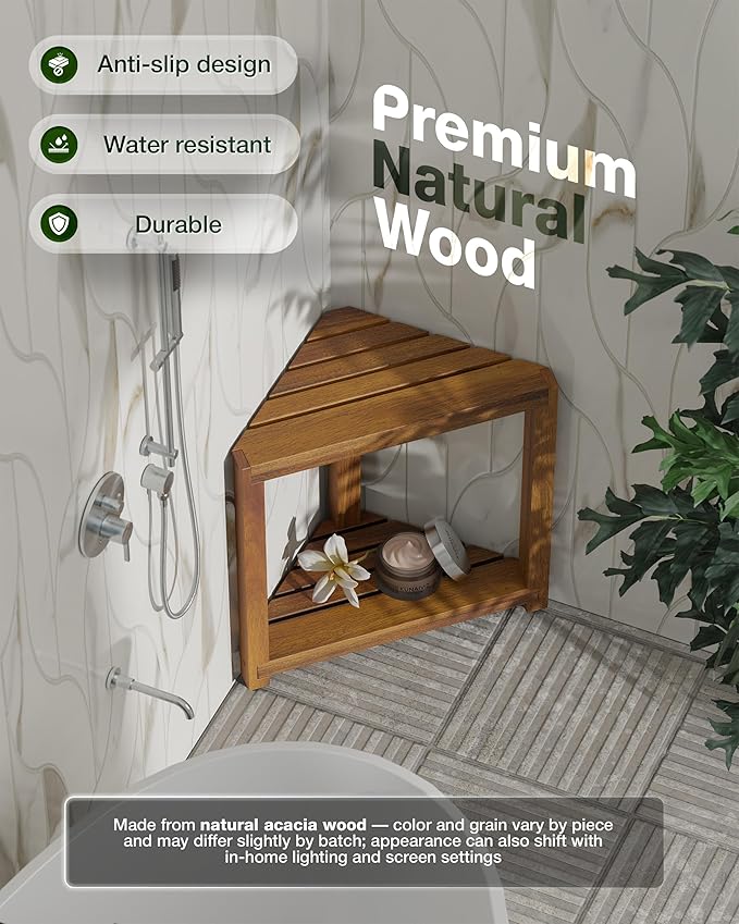 BLUEWEST 16.5" Acacia Wood Corner Shower Stool, Wooden Corner Shower Bench for Shaving Legs Inside Shower, Waterproof Shower Foot Rest with Storage Shelf, Shower Seats and Benches