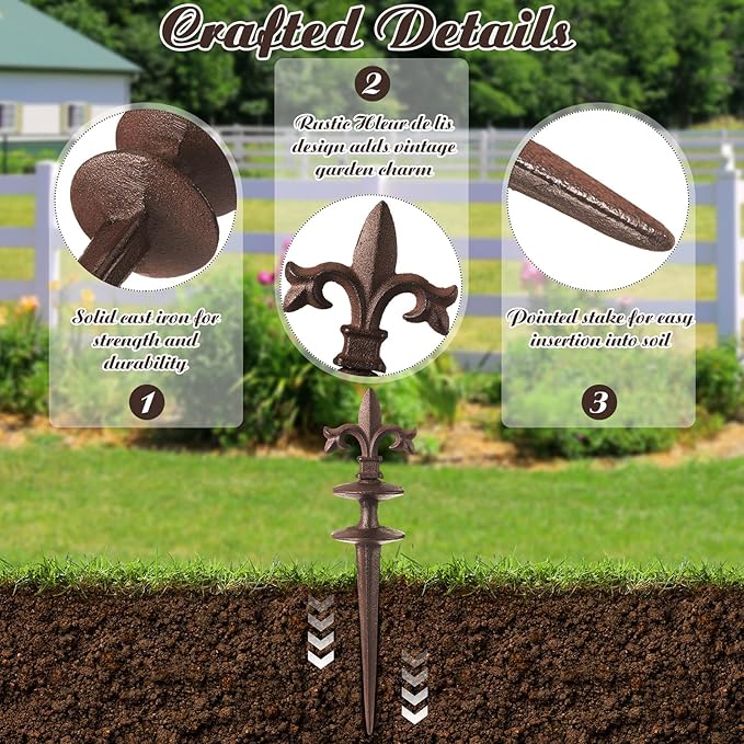 4 Pcs Antique Garden Hose Guide Spike, 13.7" Fleur De Lis Decorative Cast Iron Finial Stakes Heavy Duty Metal Plant Saver Tools Outdoor Hose Protection for Lawn Yard Patio(Rust,Assorted Styles)