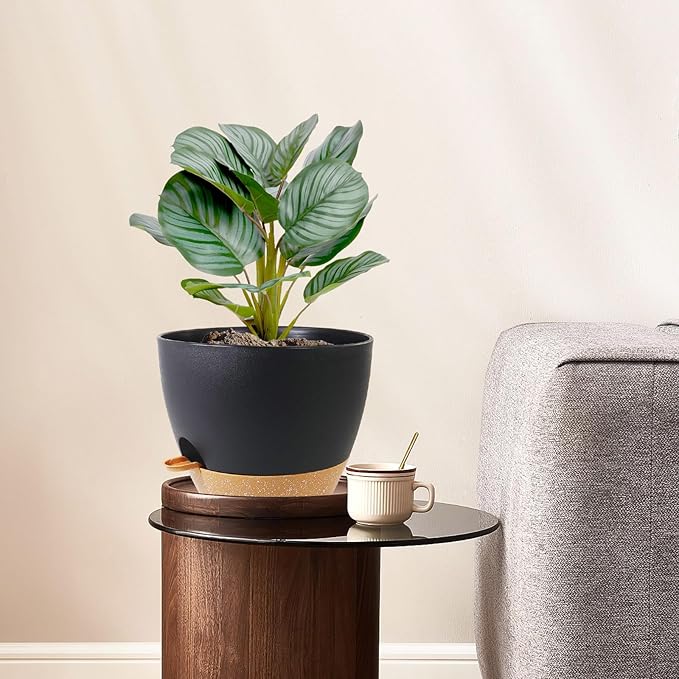 WSMKSZ 12/10/9 inch Large Self Watering Pots, Planter, Plant Pots with Mesh Drainage Holes for Indoor Outdoor Garden Plants, Plastic Flower Pots with Removable Deep Reservoir, Black with Brown