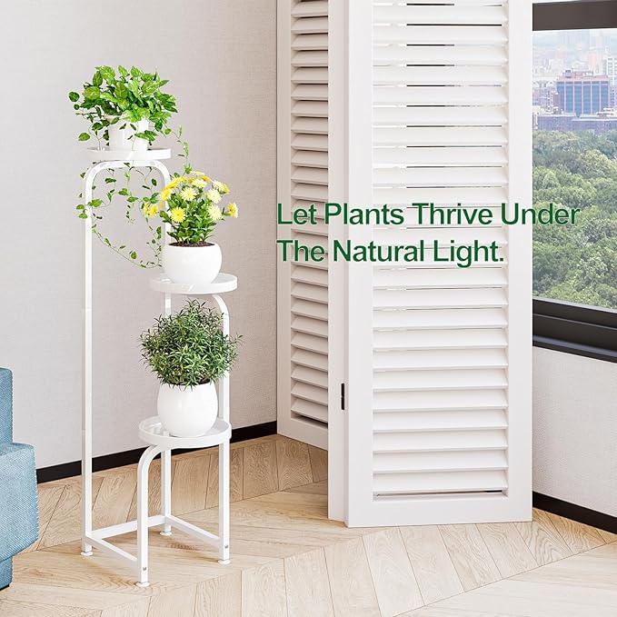 INGIORDAR Plant Stand Indoor Outdoor 3 Tier Metal Plant Shelf for Multiple Plants Corner Flower Holders for Living Room Balcony Bedroom Patio Garden, Black (White, 3-Tier)