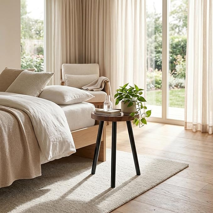 Indoor plant stand, walnut-colored medieval-style wooden plant table, tall planter stand, modern round side table, suitable for living room, bedroom, and balcony decoration (2 pcs)