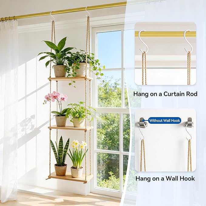 3 Tier Window Plant Shelves, Hanging Wood Floating Shelves for Living Room Bedroom Small Windows, Space-Saving Window Sill Shelf Indoor for Succulents, Herbs
