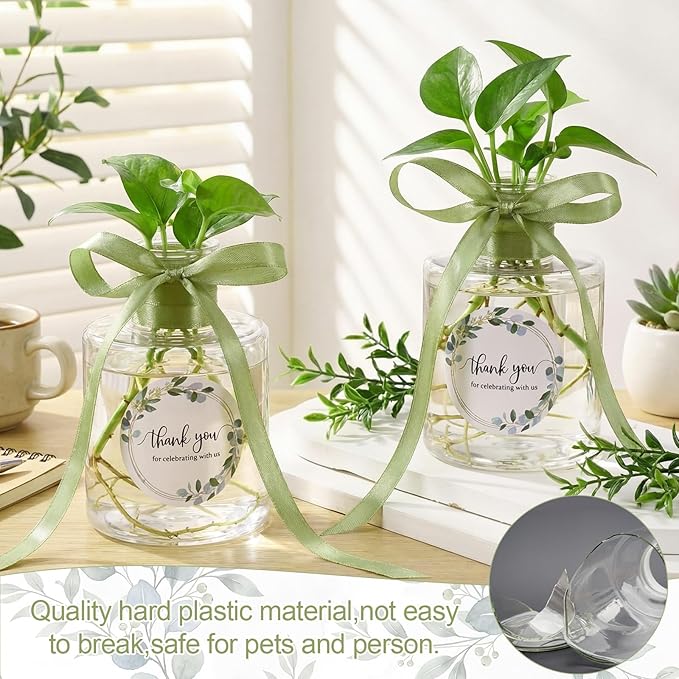 30 Set 4.33'' Plastic Plant Propagation Stations Gifts Bulk 4oz Plant Propagation Jars Planter Vase with Thank You Tags and Ribbons for Guests Wedding Bridal Shower(Green Leaves)