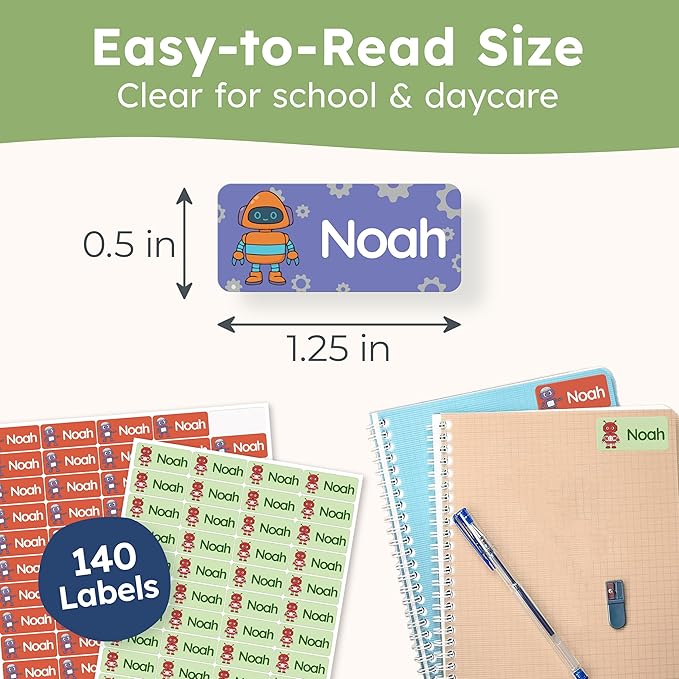 Personalized Name Labels for Kids (140 Labels) - Durable & Waterproof Custom Name Stickers for Clothing Tags, School Supplies, Camp & Daycare - Robots (1.2”x0.5”)
