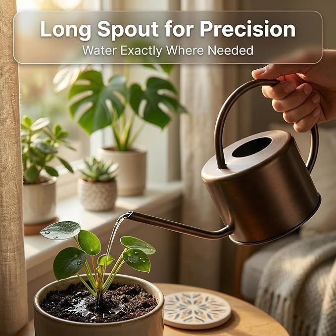 Topadorn 1.3L Watering Can for Indoor and Outdoor Plants - Long Spout Water Can for Garden, Flower, House Plants, Decorative Brown Watering Can