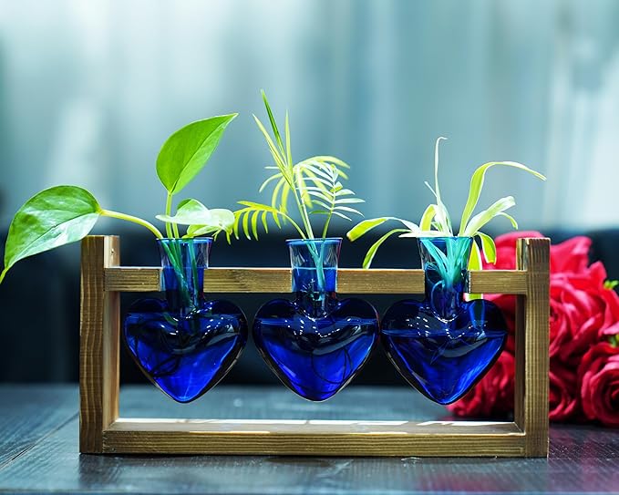 Kingbuy 3-Heart Plant Terrarium Kit with Vintage Wood Stand - Stained Glass Vase Propagation Station, Wall-Mounted & Tabletop Indoor Decor for Home Kitchen Wedding Gift, Blue