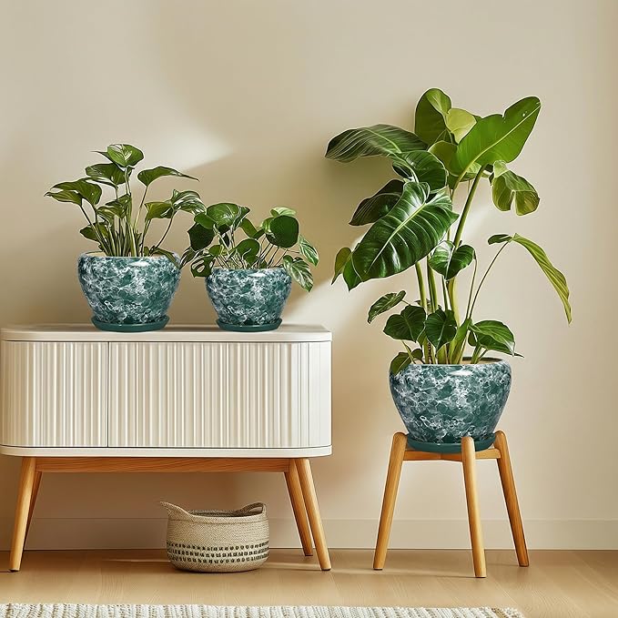8 Inch Planter Indoor - Ceramic Plant Pots for Indoor Outdoor Plants, Round Flower Pots with Drainage Hole and Saucer, Modern Planter, Apartment Decor, Gifts for Plant Lovers, Bubble Green