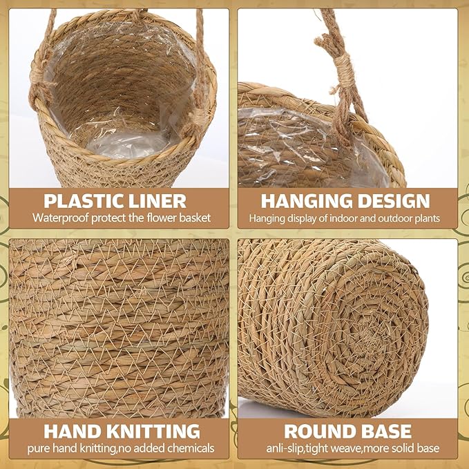 12 Pcs Seagrass Hanging Planter Basket Hand Woven Plant Basket with Plastic Liners Hanging Plant Holder Storage Containers with Cotton Rope for Indoor Garden Decor (Small,Brown)
