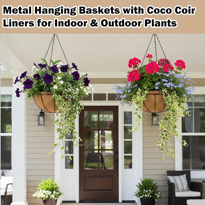4 Pack 12 inch Hanging Baskets Planter for Plants Vegetables Flowers Outdoor Black Round Wire Plant Holder with Coco Fiber Liners Garden Balcony Patio Deck Porch Indoor Hanging Baskets