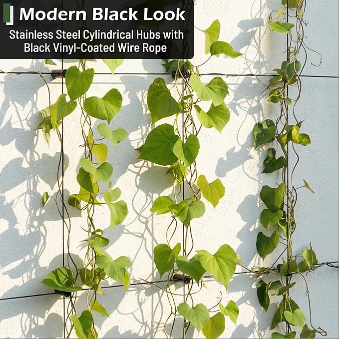 Wire Trellis for Climbing Plants Outdoor, 20-Set Wall Wire Trellis Kit with 1/8in x 98ft Vinyl Coated Cable, Black T316 Cylindrical Espalier System for Fence and Garden DIY Projects