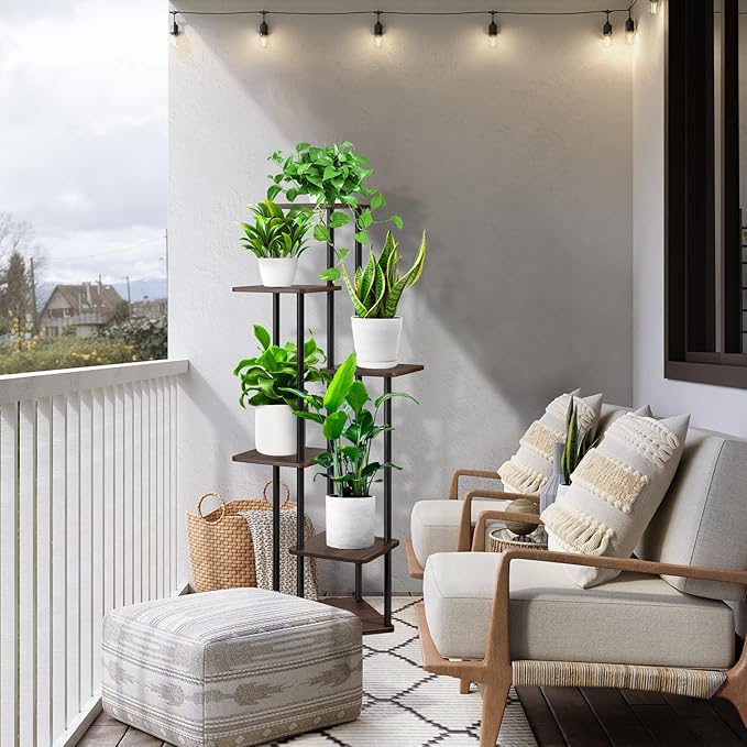 6 Tier Plant Stand Indoor, Thickened Metal Wood Corner Plant Shelf Stands for Multiple Plants, Indoor Tall Plants Stand Tiered Flower Holder for Living Room Patio Garden Balcony(Black+Oak)