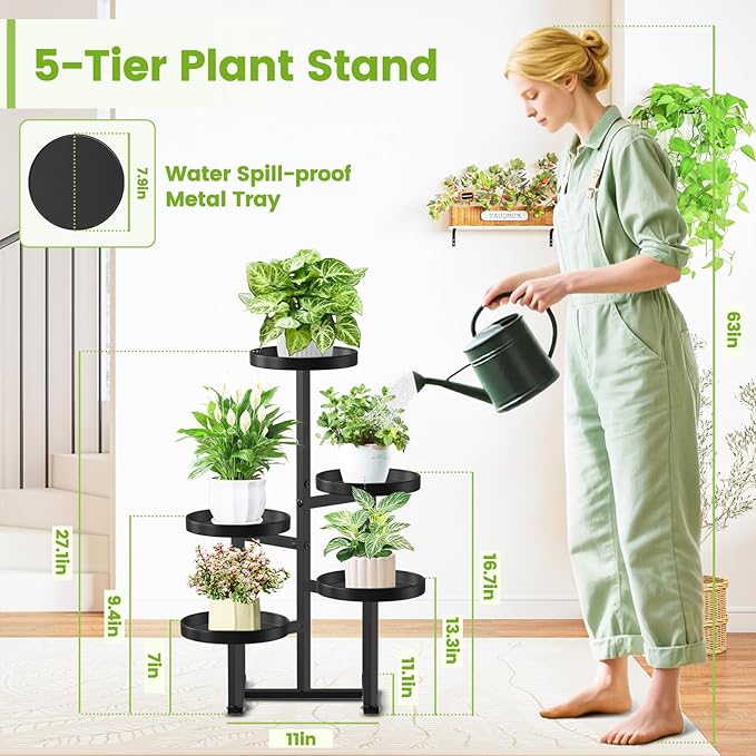5 Tier Metal Plant Stand Indoor, Tiered Corner Plant Holders for Multiple Plants, 27 Inch Tall Flower Pot Holde Display Stand for Patio Garden Living Room Balcony Bedroom, Black