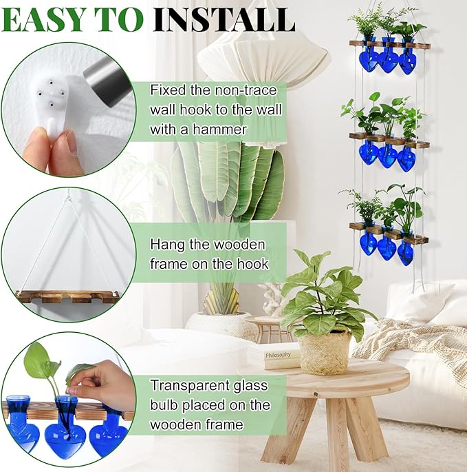 Leinuosen Wall Hanging Plant Propagation Stations Mother Gifts for Her Plant Lovers 3 Tiered 9 Heart Shaped Glass Vases Terrarium with Wooden Stand for Hydroponics Indoor Garden Home Decor(Blue)