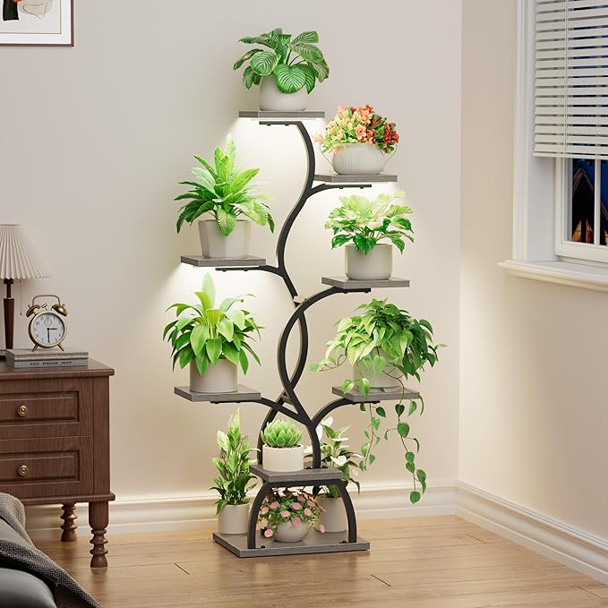EVAWOO Plant Stand Indoor with Grow Light - 8 Tiered Plant Shelf Indoor, Corner Plant Stand, 49" Tall Plant Shelf with Lights for Indoor Growing, Lighted Flower Holder for Living Room, Balcony (Gray)