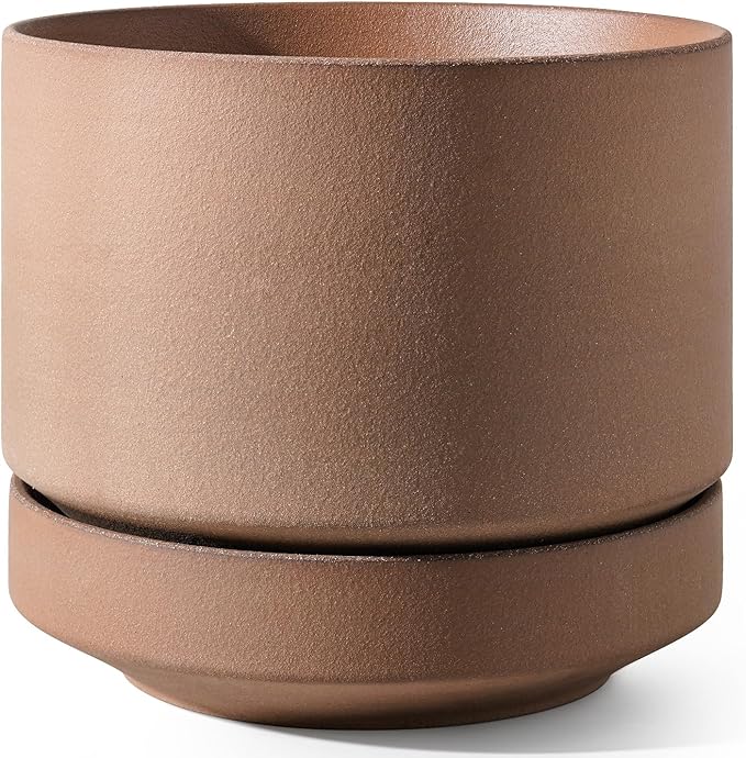 LE TAUCI Large 14 Inch Plant Pot with Saucer | Ceramic Outdoor & Indoor Big Planter Pot | Drainage Hole, Mesh Pad | Unglazed Porous | Modern Minimalist for Home and Patio – Terracotta Color