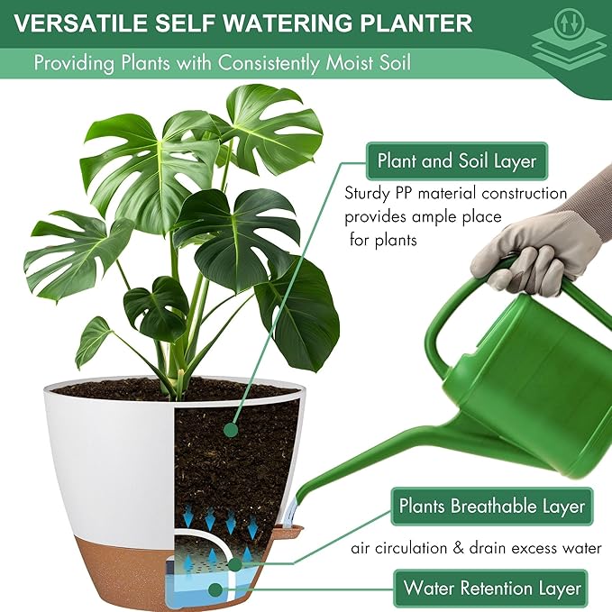 montresor 5-Pack Self-Watering Planters with Wick & Reservoir (5/5.5/6/6.5/7 Inch) – Plastic Indoor Pots with Drainage, Modern White Flower Pot for Violet, Herb