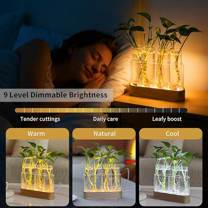 Plant Propagation Station with LED Lights, Wooden Stand, 4 Glass Test Tubes for Hydroponic Plants, 3 Lighting Modes 9 Brightness, Plant Lovers