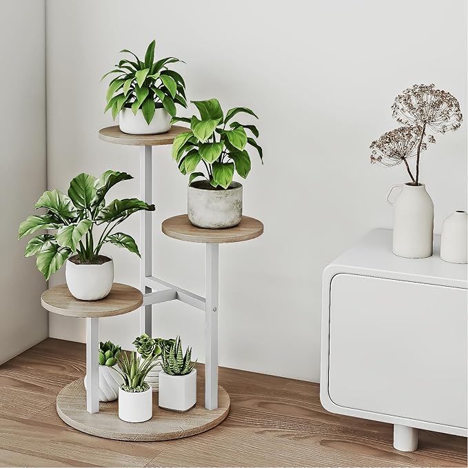 INGIORDAR Plant Stand Indoor Outdoor Corner Plant Shelf for Multiple Flower Pots Flower Stand Holder for Patio Garden Balcony Living Room (White+Sonoma Oak, 4 Tier)