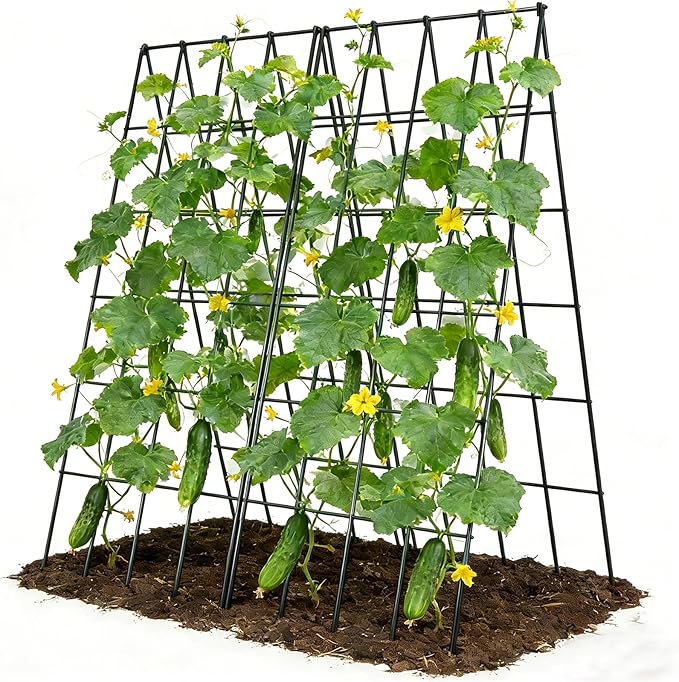 Cucumber Trellis 2 Pack, Foldable A-Frame Garden Trellis for Raised Bed Garden Grow Support with Plant Support Clips, Twist Ties, Plastic Ties, for Cucumber,Tomato, Climbing Plants and Flowers