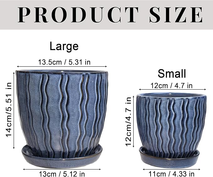 Ceramic Planter, 4.5+5.5 Inch Small Plant Pots, Flower Pots Indoor Planters with Drainage and Tray, Pot for Indoor Plants - Succulents, Snake Plant, Cactus, Aloe Vera, Herb for Home Decor(Glaze Blue)