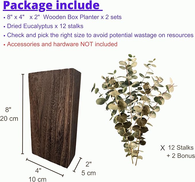 LaLaGreen Wood Wall Planters (8 Inch, 2 Pack) 12 Stalks of Eucalyptus Dried Leaves, Wooden Box Vase for Indoor Hanging Planter Flower Rustic Decor Home Living Room Bathroom Modern Farmhouse Decoration