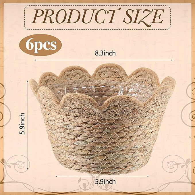 AceOrbit 6 Pcs Scalloped Seagrass Plant Basket with Plastic Liners Rattan Woven Plant Basket Wicker Planter for Indoor Outdoor Flower Pots Cover and Rustic Farmhouse Boho Room Decor (Medium)