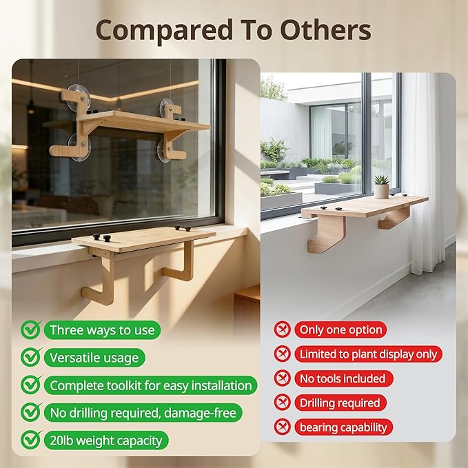 Window Plant Shelves with Suction Cups, Adjustable No-Drill Window Shelf for Plants, 21.7" Window Sill Extender, Heavy-Duty Window Plant Shelf for Indoor Window Gardens, Mounts on Glass or Walls