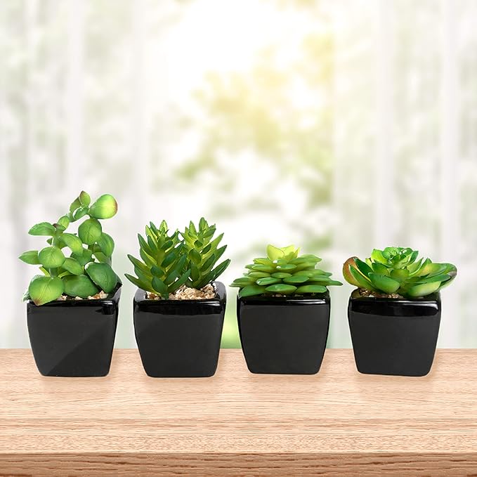 Modern Mini Artificial Succulent Plants Potted in Cube-Shape Black Ceramic Pots for Home Decor, Set of 4