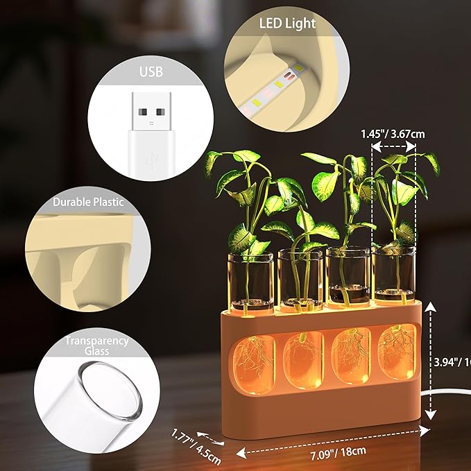Plant Propagation Station with LED Light, 10-Level Dimmable Desk Plant Stand for Hydroponic Plants, 4 Glass Test Tubes Propagated Plant Holders for Indoor Home Decor Gardening Gifts