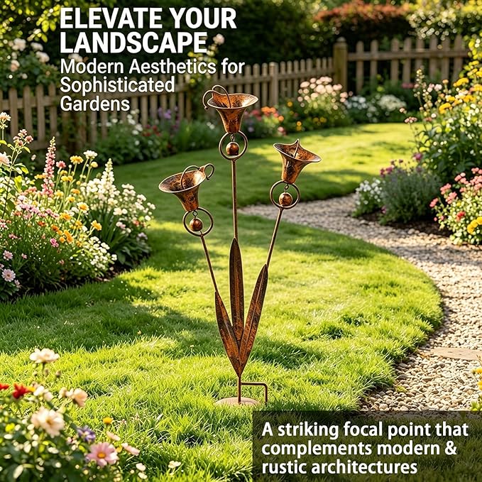 Flamed Copper Calla Lily Garden Stake with 3 Bells - 24" Large Metal Rain Catcher Flower Sculpture, Weather-Resistant Outdoor Yard Art Decor for Patio, Backyard & Gardening Gift (2 pcs)