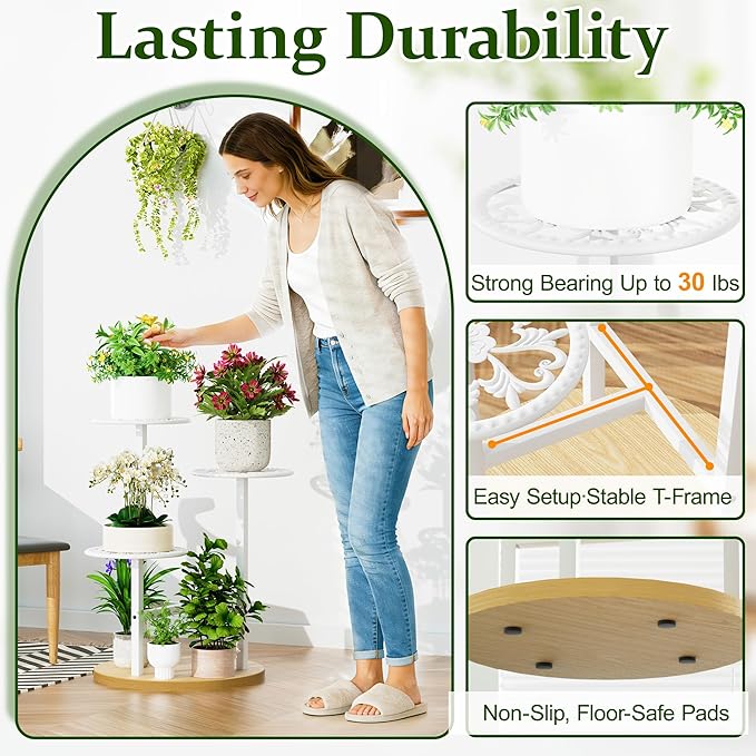 3 Tier Plant Stand Indoor Outdoor, Tall Metal Wood Shelf Corner Flower Pot Tiered Flower Pot Stands for Patio Garden Balcony Living Room Bedroom