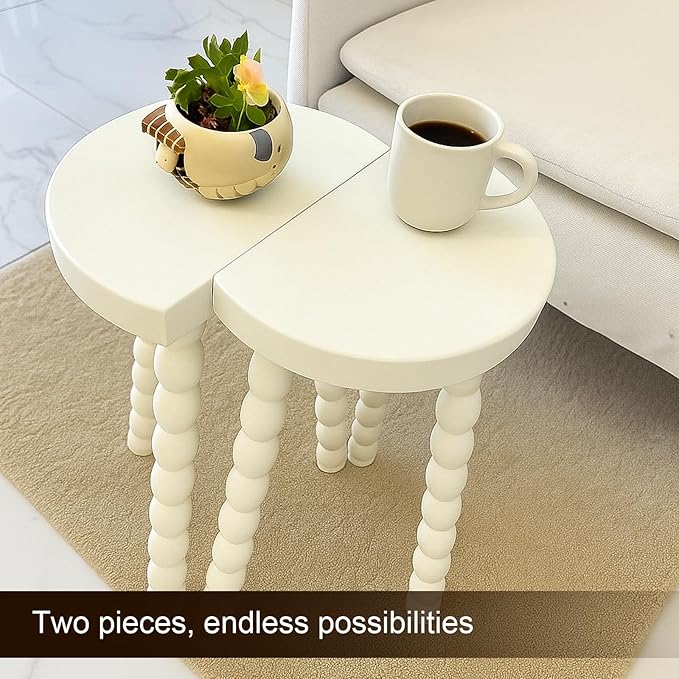 LitaEther Wooden Bobbin Side Table - Plant Stand - Half Round Table - Wooden Accent Stool- Minimalist Decorative Table for Bedroom, Hallway, Living Room (1, White)
