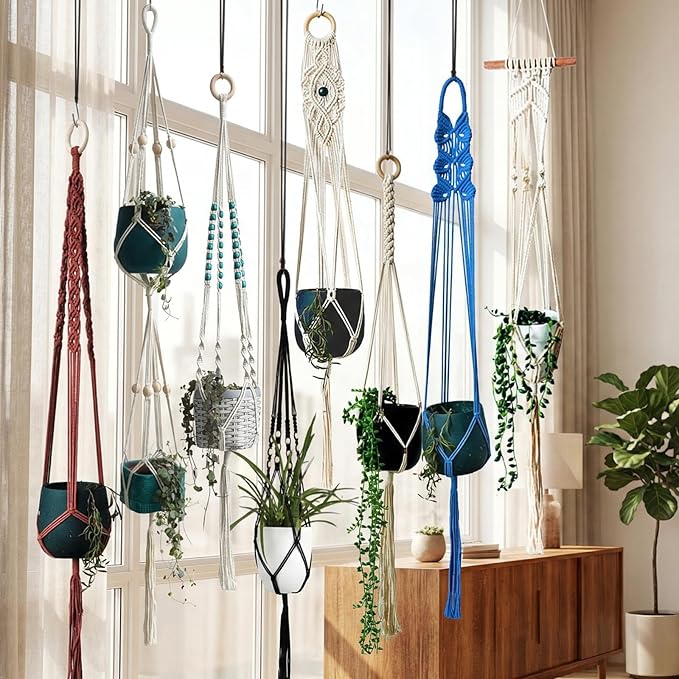 8-Pack Bohemian Macrame Plant Hanger kit, Boho Indoor Window Pot Hanger with Wooden Beads, Hanging Flower Pot Holder with Wooden Ring,Creative Handmade Boho Chic Plant Holder Length 39″