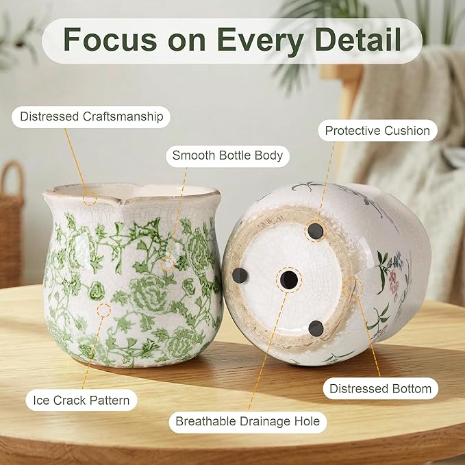 DREAMLOOM Vintage Ceramic Planter for Indoor Plants,6.1" Ice Crack Cottage Scroll Vase Tuscan Decor Flower Pots with Drainage Holes Home Kitchen Farmhouse Antique Decorative Gift (Green-Corrugated)