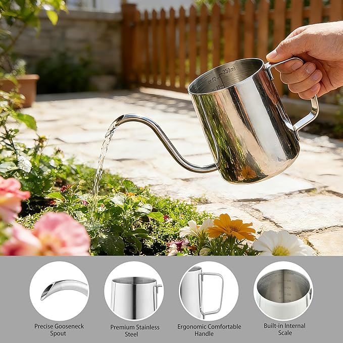 Small Watering Can, OLULU 12oz (350ml) Stainless Steel Indoor Watering Can with Long Spout, Mini Watering Can for Houseplants, Desk & Home Plants