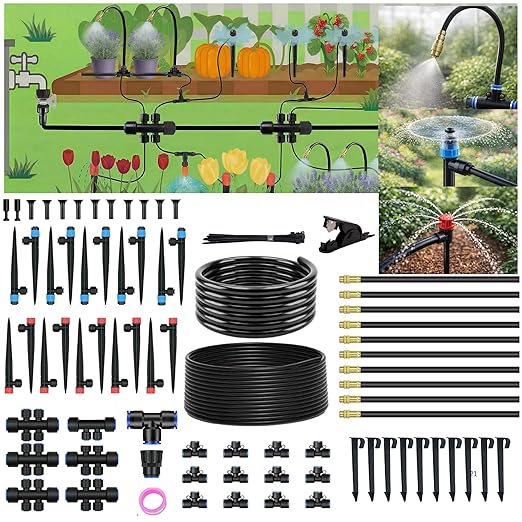 240FT Drip Irrigation System for Garden: 1/2" Quick Connect PE Tubing Automatic Water Sprinkler Kit Adjustable Misting Part 1/4" Watering Hose for Outdoor Raised Bed Plants Flower Yard Greenhouse