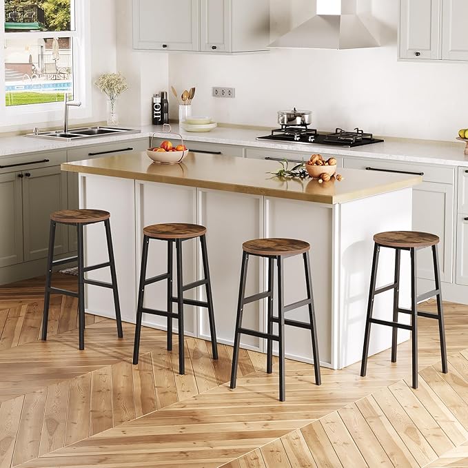 MAHANCRIS Bar Stools, Set of 2 Round Bar Chairs with Footrest, 28 Inch Kitchen Breakfast Bar Chairs, Industrial Bar Stools, Easy Assembly, for Dining Room, Kitchen, Rustic Brown BAHR02701 (Pack of 3)